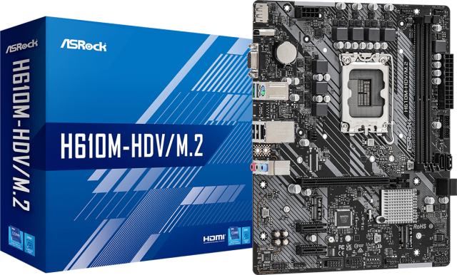 Дънна платка ASRock H610M-HDV/M.2, H610, LGA 1700, DDR4, (DP&HDMI&VGA),PCI-E 4.0,  4x SATA 6Gb/s, 1x M.2, 2x USB 3.2 Gen1, mATX