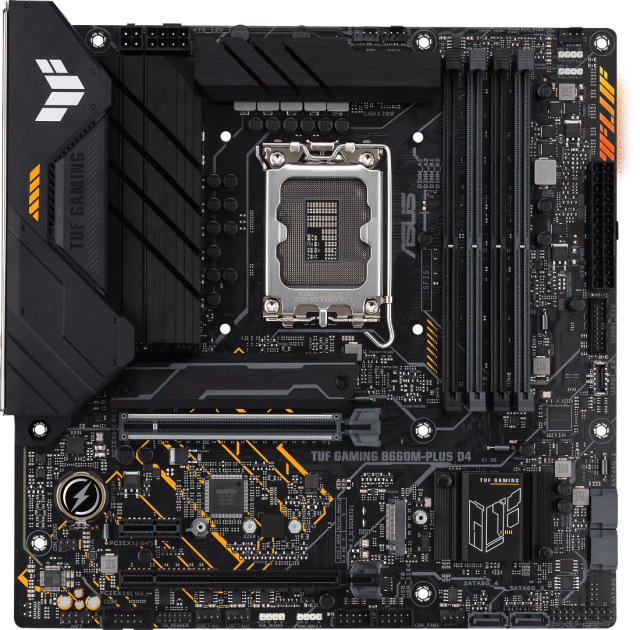 Дънна платка Asus TUF GAMING B660M-PLUS, B660, LGA1700, 4 x DDR4, PCI-E 4.0, (HDMI&DP), 4x SATA 6Gb/s, 2x M.2, 1x USB 3.2 Gen 2x2 port (1 x USB Type-C), Aura Sync RGB, microATX