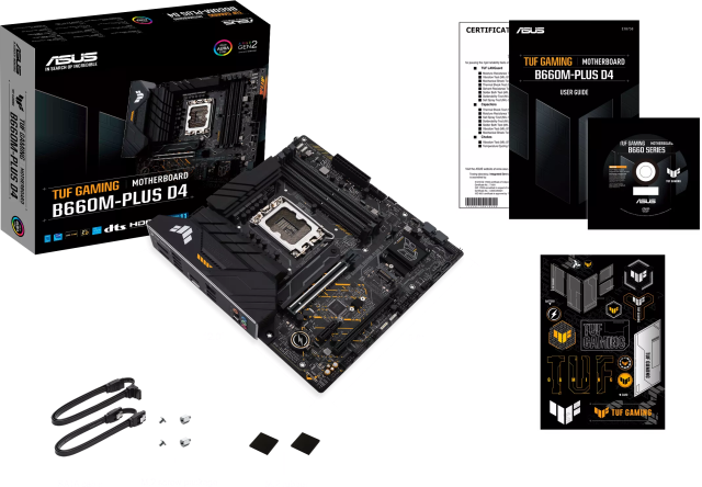 Дънна платка Asus TUF GAMING B660M-PLUS, B660, LGA1700, 4 x DDR4, PCI-E 4.0, (HDMI&DP), 4x SATA 6Gb/s, 2x M.2, 1x USB 3.2 Gen 2x2 port (1 x USB Type-C), Aura Sync RGB, microATX