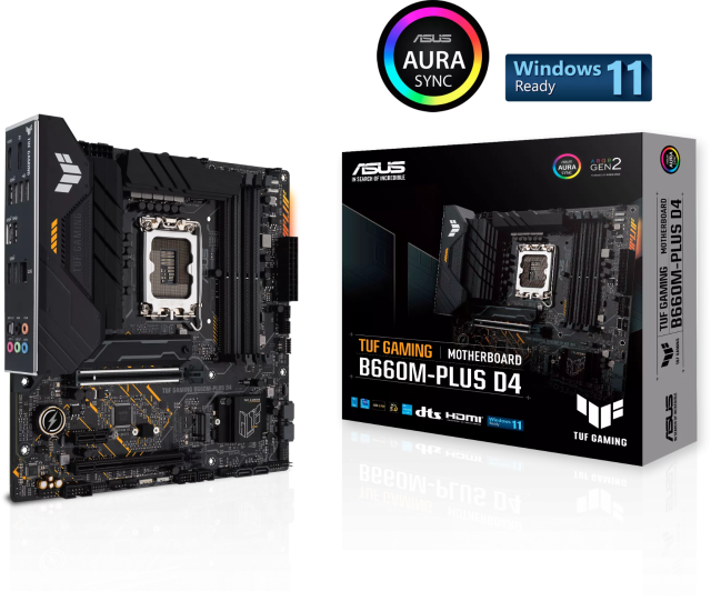 Дънна платка Asus TUF GAMING B660M-PLUS, B660, LGA1700, 4 x DDR4, PCI-E 4.0, (HDMI&DP), 4x SATA 6Gb/s, 2x M.2, 1x USB 3.2 Gen 2x2 port (1 x USB Type-C), Aura Sync RGB, microATX