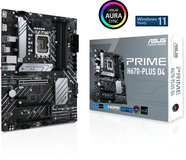 Дънна платка ASUS PRIME H670-PLUS D4, LGA1700, (DP&HDMI), PCI-E 4.0, 4 x SATA 6Gb/s, 4x DDR4, 3x M.2,1x USB 3.2 Gen 2 Type-C, Aura Sync RGB, ATX