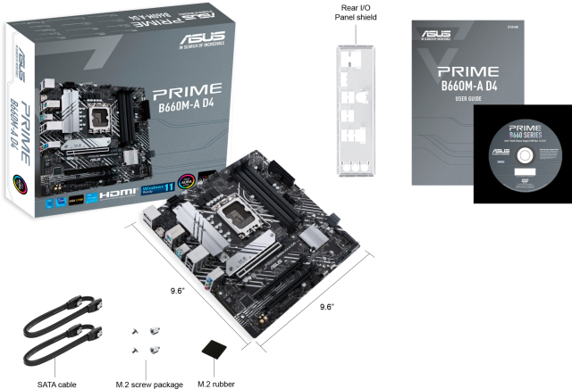Дънна платка Asus Prime B660M-A D4, B660, LGA1700, DDR4, PCI-E 4.0, (DP&HDMI), 4x SATA 6Gb/s, Dual M.2, 2x USB 3.2 Gen 2, Aura Sync RGB, mATX