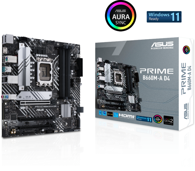 Дънна платка Asus Prime B660M-A D4, B660, LGA1700, DDR4, PCI-E 4.0, (DP&HDMI), 4x SATA 6Gb/s, Dual M.2, 2x USB 3.2 Gen 2, Aura Sync RGB, mATX