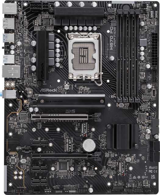 Дънна платка ASRock H670 PG Riptide, H670, LGA1700, DDR4, (DP&HDMI)(CF), PCI-E 5.0, 4x SATA 6Gb/s, 3x M.2, 1x USB 3.2 Gen2 Type-C, ATX