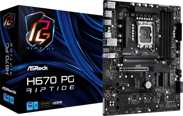 Дънна платка ASRock H670 PG Riptide, H670, LGA1700, DDR4, (DP&HDMI)(CF), PCI-E 5.0, 4x SATA 6Gb/s, 3x M.2, 1x USB 3.2 Gen2 Type-C, ATX