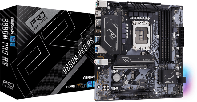 Дънна платка ASRock B660M Pro RS, LGA1700, DDR4, (DP&HDMI), PCI-E 5.0, 4x SATA 6Gb/s, 2x M.2, 4x USB 3.2 Gen1, mATX