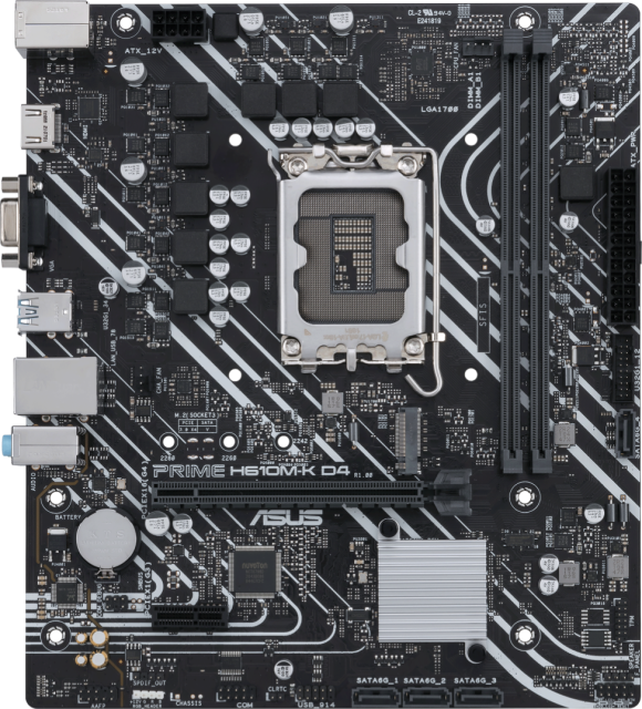 Дънна платка Asus PRIME H610M-K D4, H610, LGA1700, DDR4, PCIe 4.0, 4x SATA 6Gb/s, 1x M.2 slot, 2x USB 3.2 Gen 1, VGA, HDMI, mATX