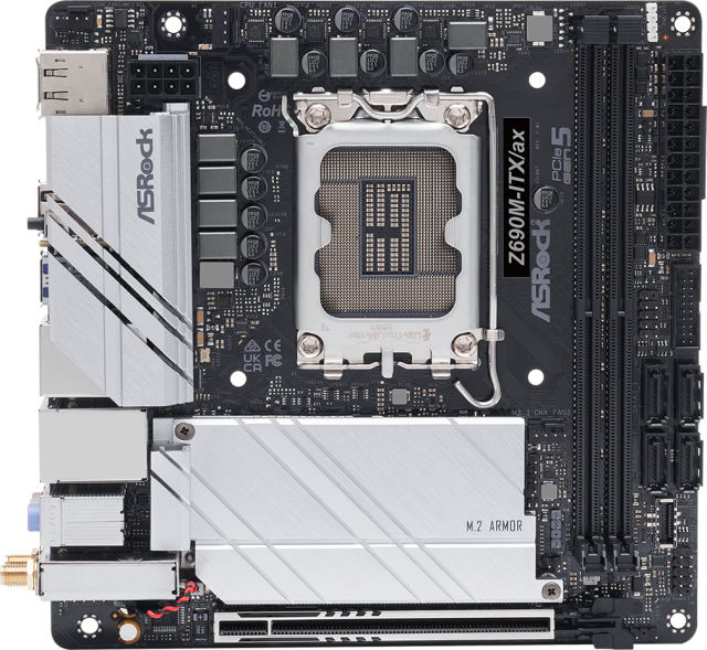 Дънна платка ASRock Z690M-ITX/ax, Z690, LGA1700, DDR4, PCIe 5.0 (HDMI&DP), 4x SATA 3 6.0 Gb/s, 1x M.2, 4x USB 3.2 Gen2, Wi-Fi 6, Bluetooth, Polychrome RGB, Mini ITX