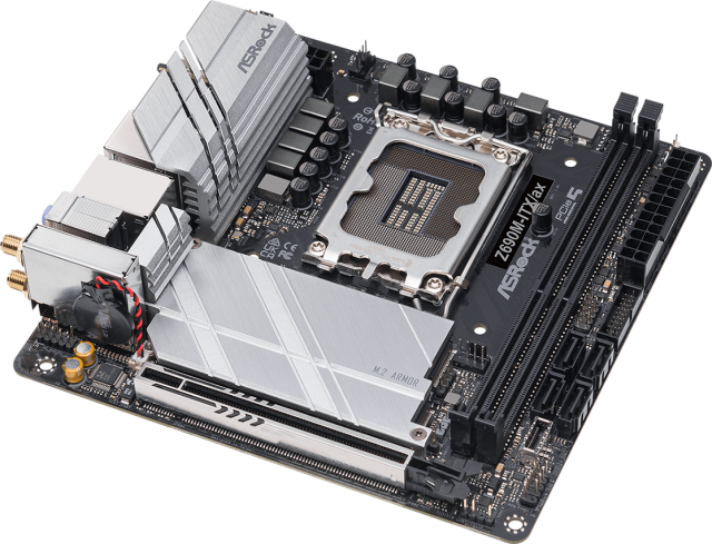 Дънна платка ASRock Z690M-ITX/ax, Z690, LGA1700, DDR4, PCIe 5.0 (HDMI&DP), 4x SATA 3 6.0 Gb/s, 1x M.2, 4x USB 3.2 Gen2, Wi-Fi 6, Bluetooth, Polychrome RGB, Mini ITX