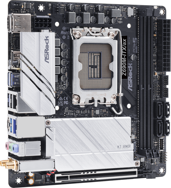 Дънна платка ASRock Z690M-ITX/ax, Z690, LGA1700, DDR4, PCIe 5.0 (HDMI&DP), 4x SATA 3 6.0 Gb/s, 1x M.2, 4x USB 3.2 Gen2, Wi-Fi 6, Bluetooth, Polychrome RGB, Mini ITX