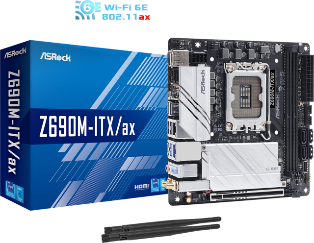 Дънна платка ASRock Z690M-ITX/ax, Z690, LGA1700, DDR4, PCIe 5.0 (HDMI&DP), 4x SATA 3 6.0 Gb/s, 1x M.2, 4x USB 3.2 Gen2, Wi-Fi 6, Bluetooth, Polychrome RGB, Mini ITX