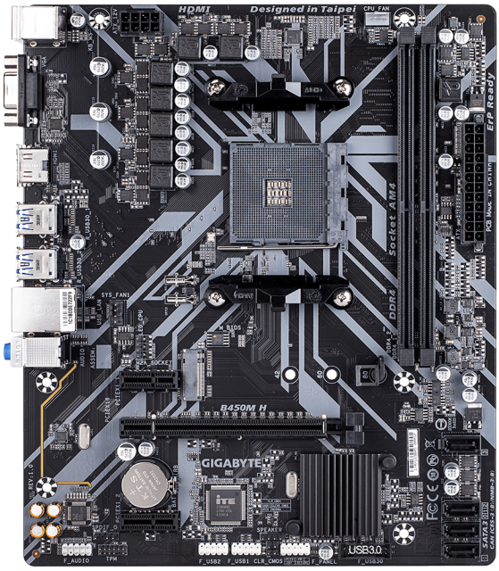 Дънна платка Gigabyte B450M H (rev. 1.0), B450, AM4, 2 x DDR4, (HDMI/VGA), PCI-E 3.0, 4x SATA 6Gb/s, 1x M.2, 4x USB 3.1 Gen 1, Micro ATX