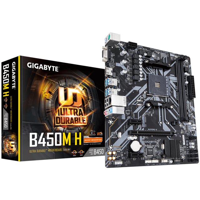 Дънна платка Gigabyte B450M H (rev. 1.0), B450, AM4, 2 x DDR4, (HDMI/VGA), PCI-E 3.0, 4x SATA 6Gb/s, 1x M.2, 4x USB 3.1 Gen 1, Micro ATX