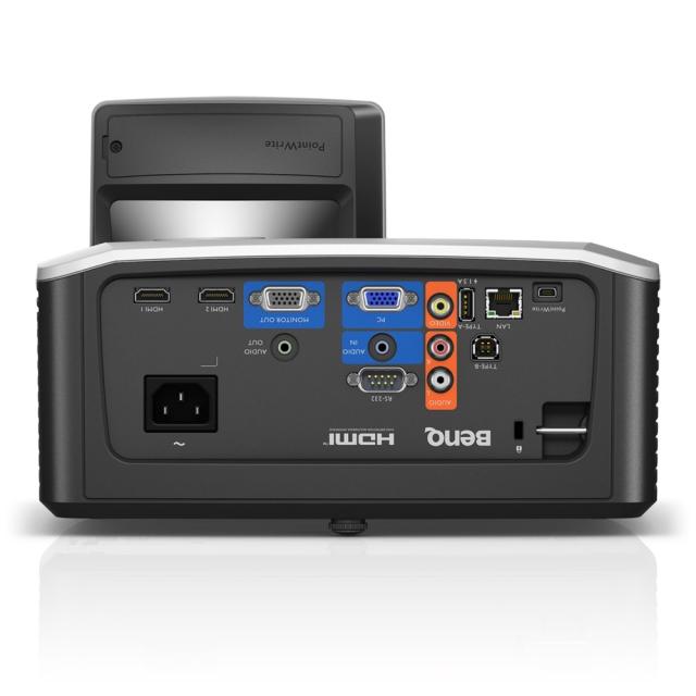 Мултимедиен проектор BenQ MW855UST+, DLP, WXGA (1280x800), Ultra Short-throw, 3500 ANSI Lumens, Contrast 10000:1, Vertical lens shift, HDMI 2.0 x2, RJ45, VGA in x1, VGA out,  Audio In/Out, RCA, 10W Speaker x2, Wall mount included, Optional Qcast and 