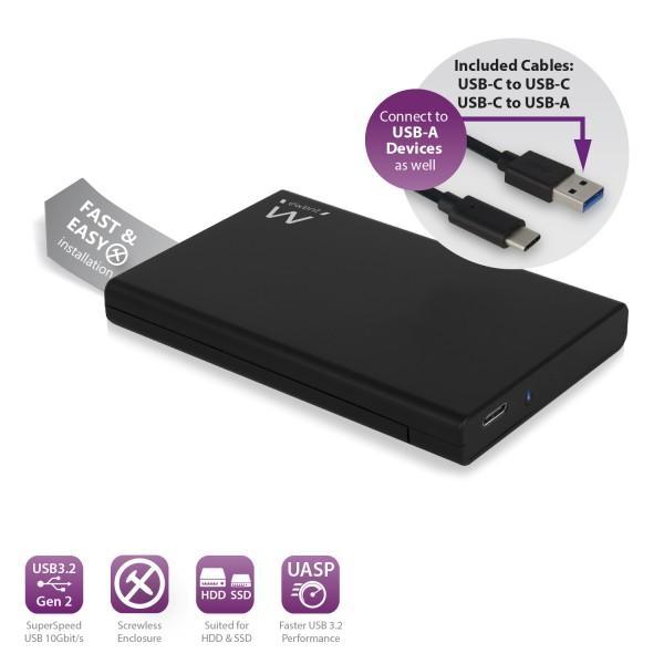 Кутия за твърд диск Ewent EW7072, 2.5", SATA, USB-C 3.2 Gen2 (USB 3.1), Черен