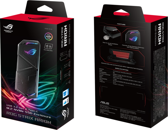 Кутия за SSD Asus ROG Stirx Arion Lite, за M.2 NVMe (2230/2242/2260/2280), USB 3.2/Type-C, RGB, черна