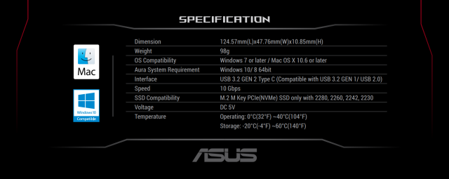 Кутия ASUS ROG Strix Arion Lite, SSD  M.2 NVMe PCIe 2280/2260/2242/2230 M ключ/ B+M ключ, USB3.2 GEN2 Type-C (10 Gbps), Черен