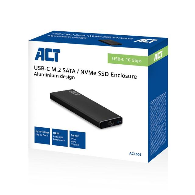 Кутия за твърд диск ACT AC1605, M.2 NVMe SSD, USB-C 3.1 Gen2, Черен