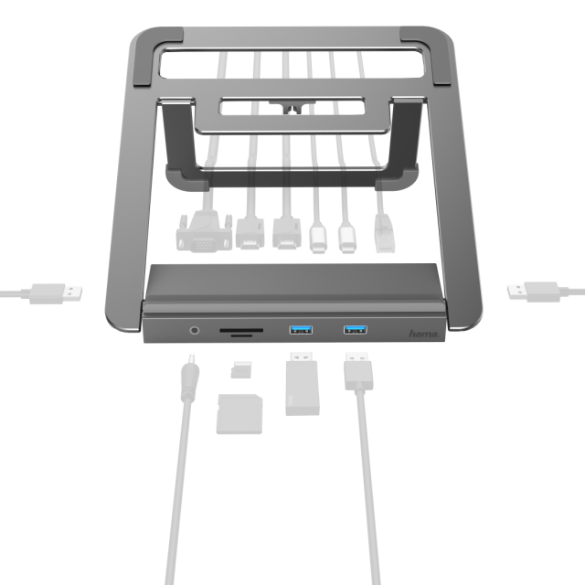 Докинг станция 12 в 1 HAMA, USB, HDMI™, DP, LAN, SD, microSD, Jack, Сив