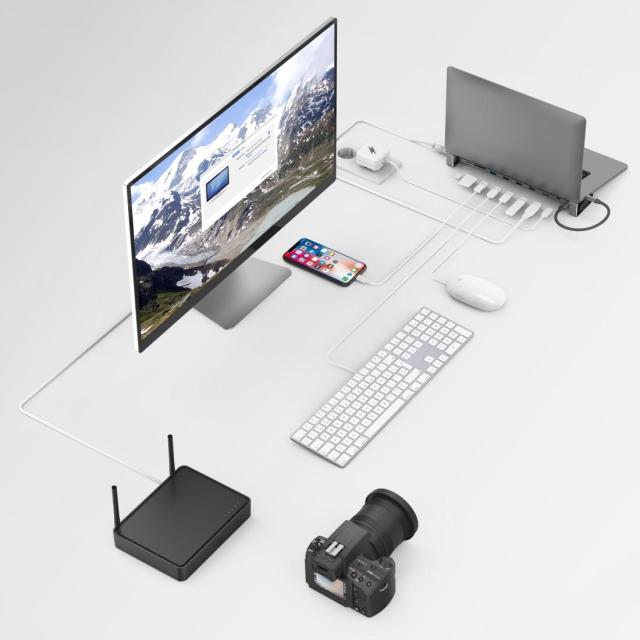 Мултипортов адаптер HAMA  9 в 1, 4 x USB-A, USB-C, HDMI™, LAN, SD, microSD, Сив