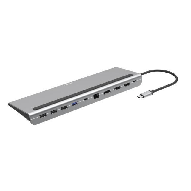 Мултипортов адаптер HAMA 10 в 1 Connect2Office Pro, USB-A, USB-C (PD), HDMI, DisplayPort, LAN/Ethernet, Сив