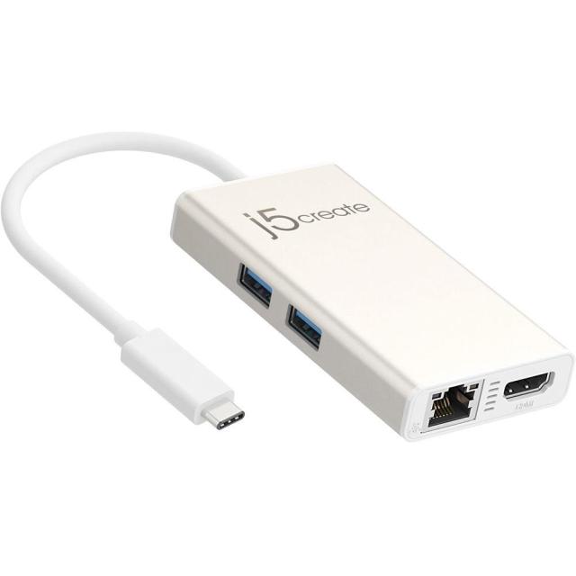 Мултипортов адаптер j5Create JCA374, HDMI/Ethernet/ USB 3.0 хъб /PD 2.0, Бял