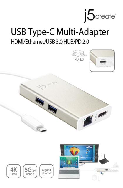 Мултипортов адаптер j5Create JCA374, HDMI/Ethernet/ USB 3.0 хъб /PD 2.0, Бял