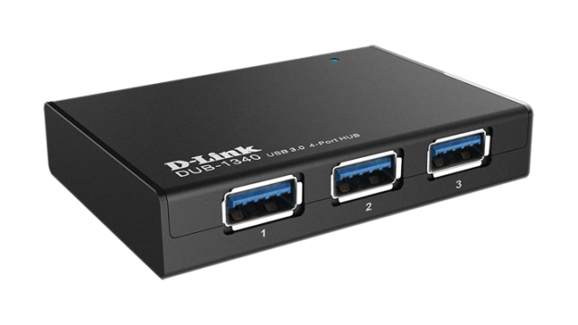 USB хъб D-Link DUB-1340/E, 4 x USB 3.0, с захранване, Черен