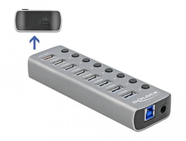 USB хъб Delock 63264, 7 x USB-A, 1 Fast Charging Port, 1 x USB-B, 1 x USB Type-C PD, с захранване