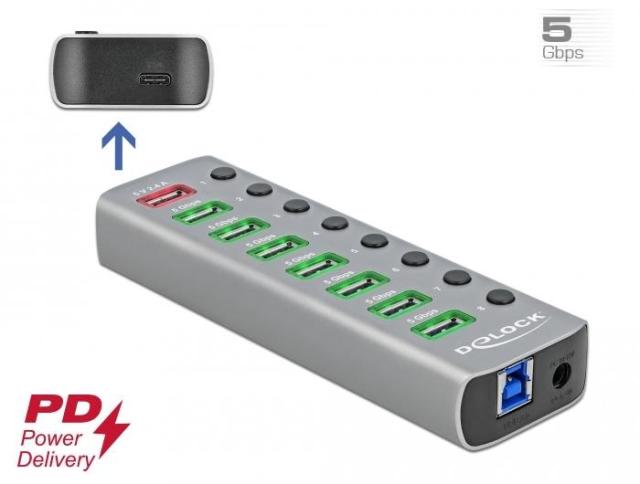 USB хъб Delock 63264, 7 x USB-A, 1 Fast Charging Port, 1 x USB-B, 1 x USB Type-C PD, с захранване