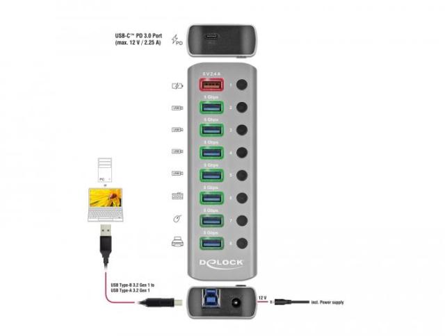 USB хъб Delock 63264, 7 x USB-A, 1 Fast Charging Port, 1 x USB-B, 1 x USB Type-C PD, с захранване
