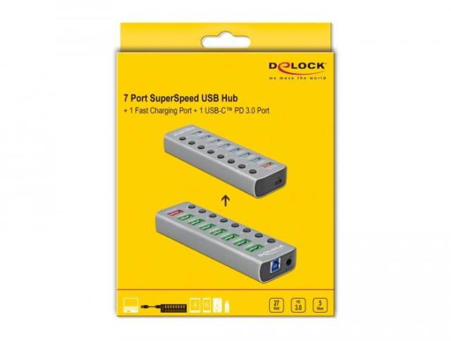 USB хъб Delock 63264, 7 x USB-A, 1 Fast Charging Port, 1 x USB-B, 1 x USB Type-C PD, с захранване