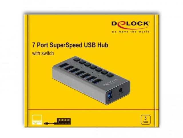 USB хъб Delock 7 x USB-A, 1 x USB-B, 5 Gbps, Превключвател, LED индикатор, Сив