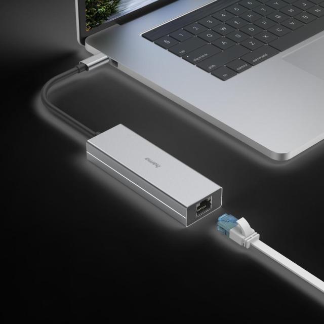 Мултипортов адаптер HAMA, 2 x USB-A, USB-C, LAN/Ethernet, Сив