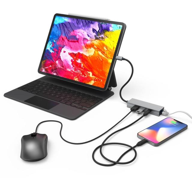 Мултипортов адаптер HAMA, 2 x USB-A, USB-C, LAN/Ethernet, Сив