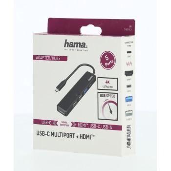 Мултипортов адаптер HAMA 200117, 3 x USB-A, 1 x USB-C, 1 x HDMI, 4К, Черен