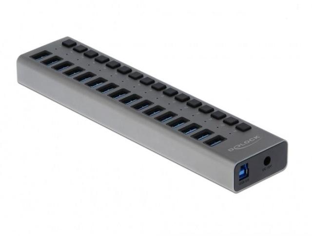 USB хъб Delock, 16 Ports + Switch, Висока скорост, Подсветка, Сив
