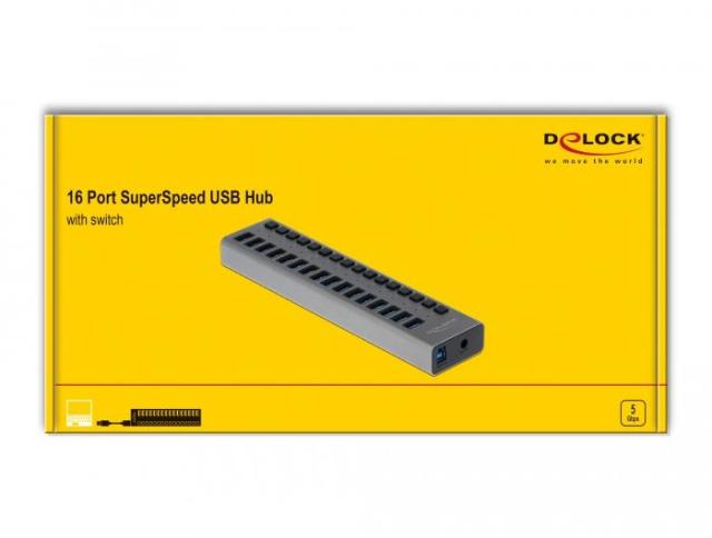 USB хъб Delock, 16 Ports + Switch, Висока скорост, Подсветка, Сив