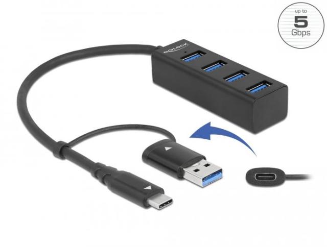 USB хъб Delock 63828, 4-портов 3.2 Gen 1, 4 x USB-A, USB Type-C, USB-A конектор, Черен