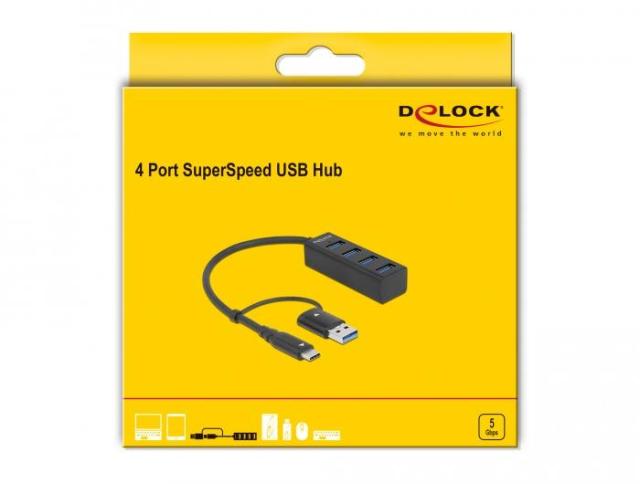 USB хъб Delock 63828, 4-портов 3.2 Gen 1, 4 x USB-A, USB Type-C, USB-A конектор, Черен