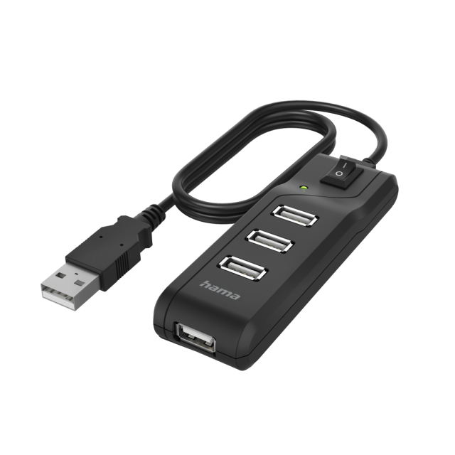 USB хъб HAMA, С бутон вкл./изкл., 4 x USB 2.0 480 Mbit/s, черен