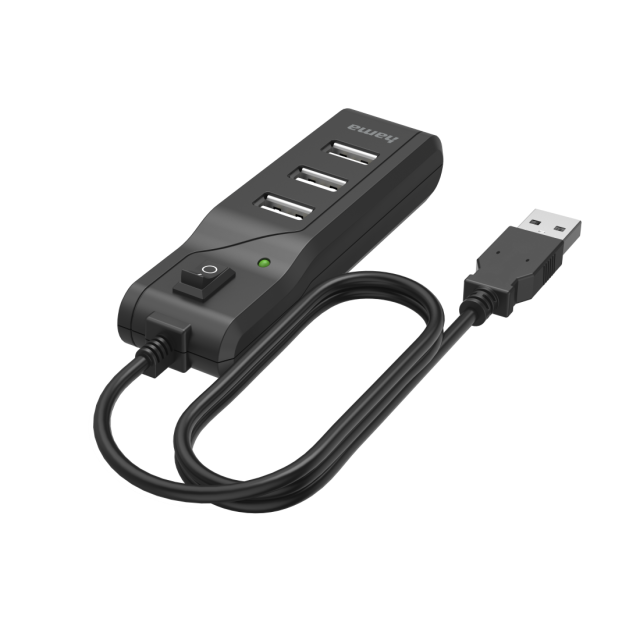 USB хъб HAMA, С бутон вкл./изкл., 4 x USB 2.0 480 Mbit/s, черен