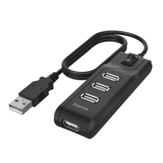 USB хъб HAMA, С бутон вкл./изкл., 4 x USB 2.0 480 Mbit/s, черен