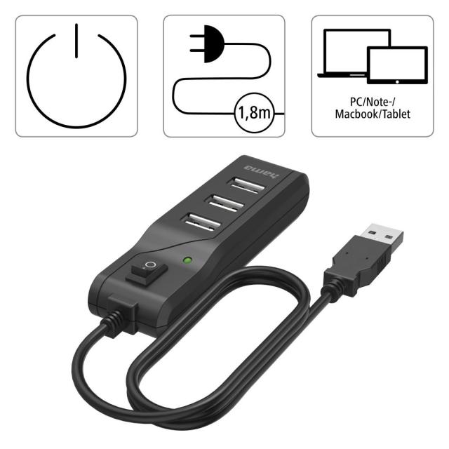 USB хъб HAMA, С бутон вкл./изкл., 4 x USB 2.0 480 Mbit/s, черен