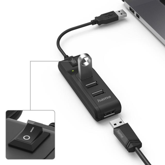 USB хъб HAMA, С бутон вкл./изкл., 4 x USB 2.0 480 Mbit/s, черен