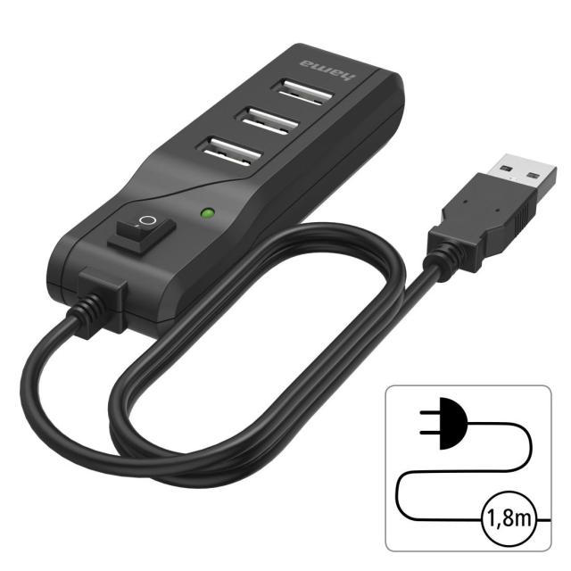 USB хъб HAMA, С бутон вкл./изкл., 4 x USB 2.0 480 Mbit/s, черен