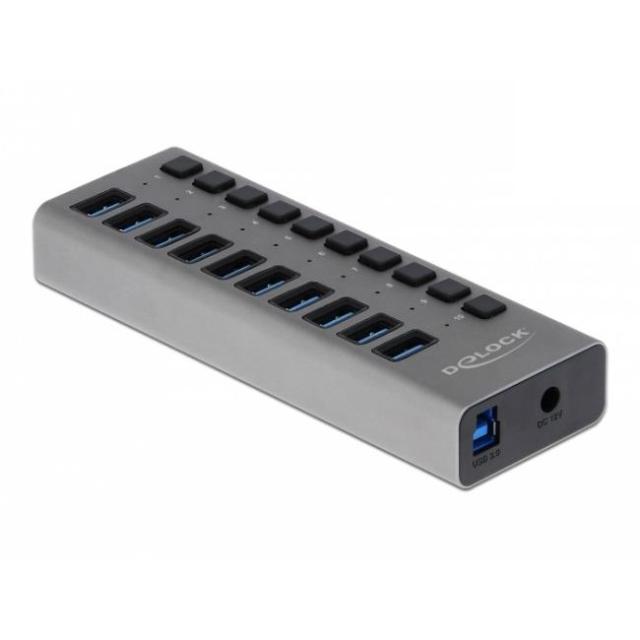 USB хъб Delock 63670, 10-портов, 10 x USB-A, 1 x USB-B, 5 Gbps, Превключвател, LED индикатор, Сив