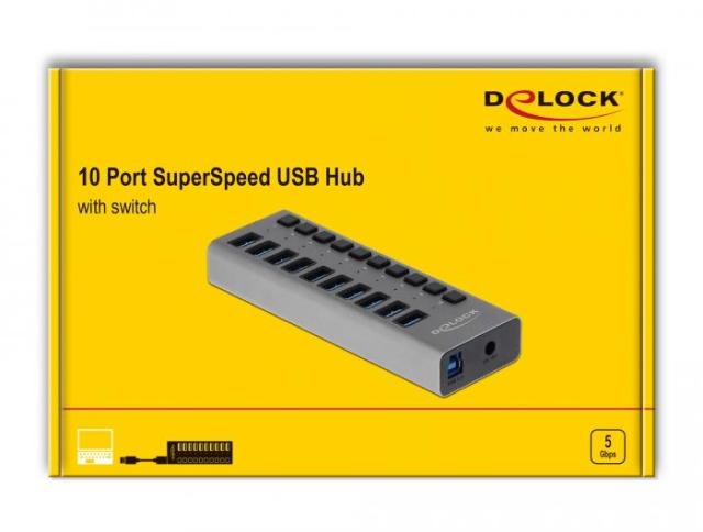 USB хъб Delock 63670, 10-портов, 10 x USB-A, 1 x USB-B, 5 Gbps, Превключвател, LED индикатор, Сив