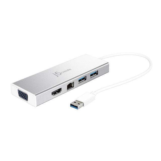 Мултипортов адаптер j5create JUD380 Mini Dock 6-портов, USB 3.0, Gigabit Ethernet, HDMI, VGA, USB-B, Бял