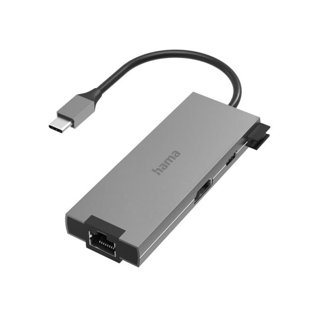 Мултипортов адаптер HAMA Multiport, 2 x USB-A, 1 x USB-C, 1 x HDMI, 1х LAN, Сив